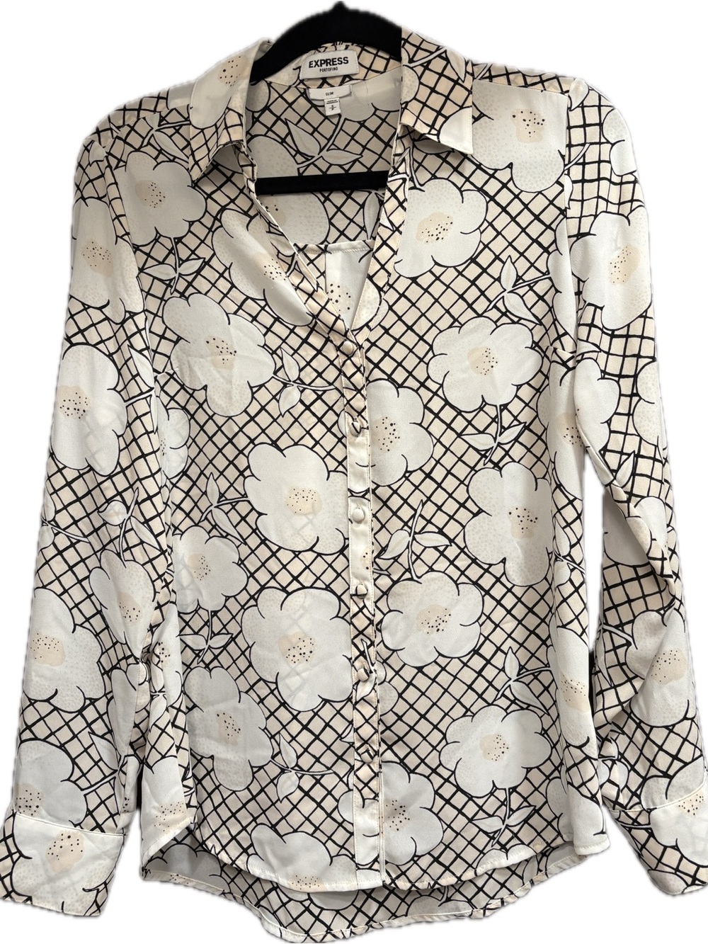 Express Cream and Black Floral Grid Button-Down Shirt Small Slim